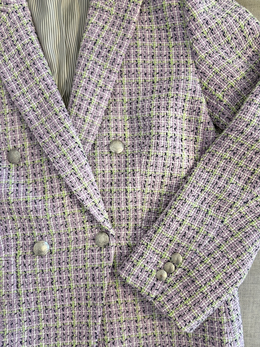 LOFT Lavender Plaid Tweed Double-Breasted Blazer Chanel style sz14 - Picture 2 of 7